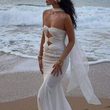 MQTIME  -  Sexy Sleeveless Hollow Out Sheath Long Dress Fashion Pleated Swing Romantic Dress Elegant Strapless Desire Style Gowns Dresses